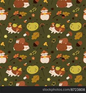 Cute hedgehogs seamless pattern. Autumn forest animals with fruits, mushrooms. Fall leaves and oak acorns. Funny comic characters. Adorable prickly mammals. Wild nature print. Garish vector background. Cute hedgehogs seamless pattern. Autumn forest animals with fruits, mushrooms. Leaves and oak acorns. Funny comic characters. Adorable mammals. Wild nature print. Garish vector background