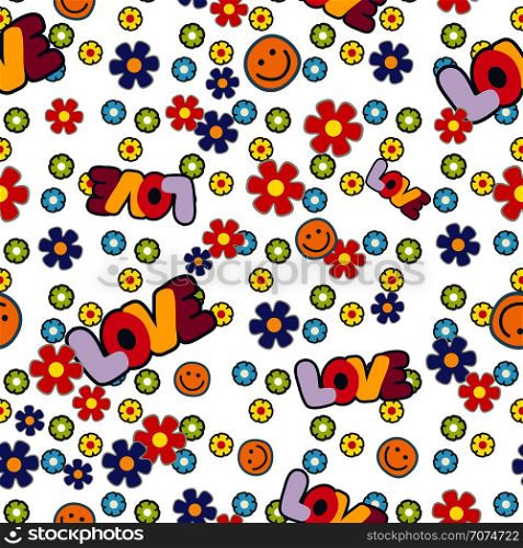 Cute hippie seamless pattern design with flowers smile and love letters. Vector illustration. Cute hippie seamless pattern design with flowers smile and love letters
