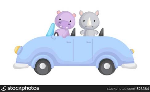 Cute hippo and rhino driver on blue car. Graphic element for childrens book, album, scrapbook, postcard or mobile game. Flat vector illustration isolated on white background.