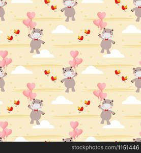 Cute hippo and Valentine balloon seamless pattern. Lovely animal in Valentine theme.