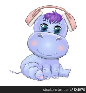 Cute hippo listening music with headphone. Cute animal cartoon illustration.. Cute hippo listening music with headphone. Cute animal cartoon illustration