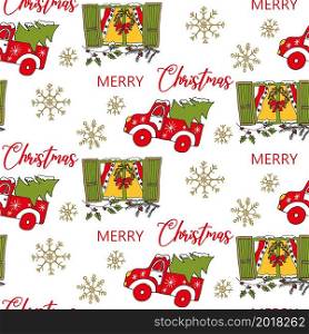 Cute holiday background with Christmas. Decorated with a Christmas wreath window, a pickup and a Christmas tree on a white background. Seamless Christmas pattern. Vector illustration.. Cute holiday background with Christmas.