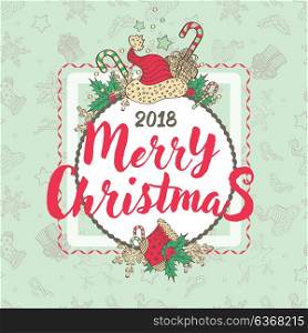 Cute holiday Christmas illustrated card with Christmas seamless pattern