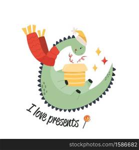 Cute holiday dinosaur in scarf and hat. Text I LOVE PRESENTS. Christmas print, greeting card with funny dino character. Vector illustration. Cute holiday dinosaur in scarf and hat. Text I LOVE PRESENTS. Christmas print, greeting card with funny dino character