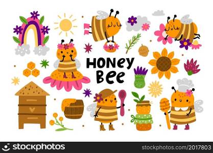 Cute honey apiary. Funny little buzzing bees fly, collect honey and sit on flowers, kids adorable doodle insects characters. Sunflower, beehives, and rainbow, vector cartoon flat style isolated set. Cute honey apiary. Funny little buzzing bees fly, collect honey and sit on flowers, kids adorable doodle insects characters. Sunflower, beehives, and rainbow, vector cartoon isolated set