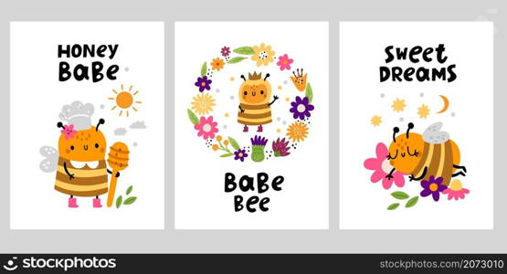 Cute honey bees cards. Funny little insects characters, beautiful flowers, kids cartoon posters with cook, kids adorable doodle princess and sleeper, postcards collection, vector cartoon isolated set. Cute honey bees cards. Funny little insects characters, beautiful flowers, kids cartoon posters with cook, kids adorable doodle princess and sleeper, postcards vector cartoon isolated set