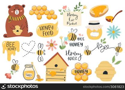 Cute honey symbols. Hand drawn honey jar, honeycomb and bee insects, funny honey doodle beekeeping farm isolated vector illustration set. Bear holding beehive, organic product icons. Cute honey symbols. Hand drawn honey jar, honeycomb and bee insects, funny honey doodle beekeeping farm isolated vector illustration set