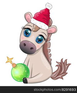 Cute horse, pony in Santa&rsquo;s hat with candy kane, Christmas ball, gift, ice skating. Winter, Christmas, sports. Cute horse, pony in Santa&rsquo;s hat with candy kane, Christmas ball, gift, ice skating. Winter, Christmas