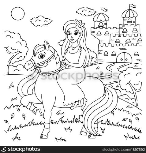 Cute horse with princess. Farm animal. Coloring book page for kids. Cartoon style character. Vector illustration isolated on white background.