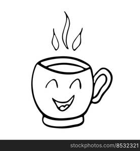 Cute hot Tea or coffee cup with smile face vector doodle hand drawn line illustration. Doodle style. Isolated on white. Cute hot Tea or coffee cup with smile face vector doodle hand drawn line illustration. Doodle style