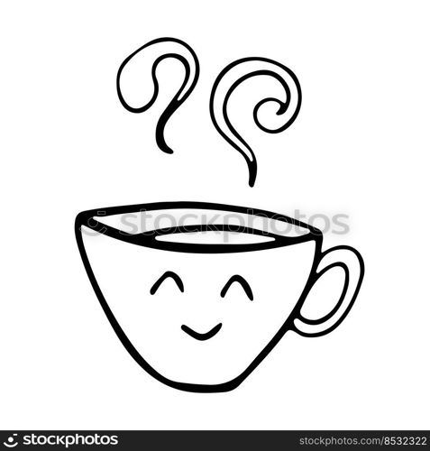 Cute hot Tea or coffee cup with smile face vector doodle hand drawn line illustration. Doodle style. Isolated on white. Cute hot Tea or coffee cup with smile face vector doodle hand drawn line illustration. Doodle style