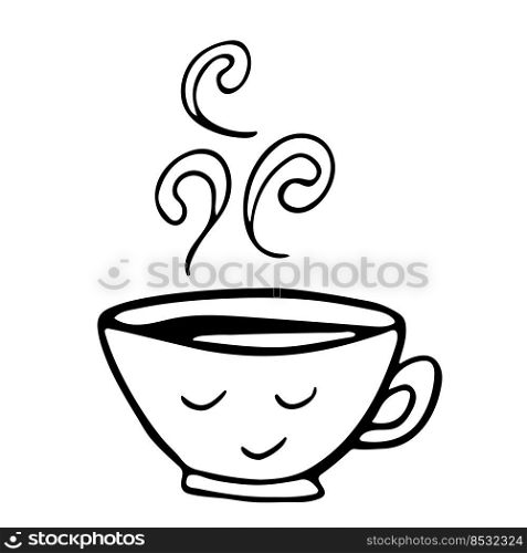 Cute hot Tea or coffee cup with smile face vector doodle hand drawn line illustration. Doodle style. Isolated on white. Cute hot Tea or coffee cup with smile face vector doodle hand drawn line illustration. Doodle style