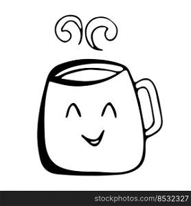 Cute hot Tea or coffee cup with smile face vector doodle hand drawn line illustration. Doodle style.. Cute hot Tea or coffee cup with smile face vector doodle hand drawn line illustration. Doodle style