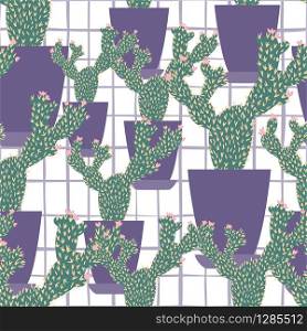 Cute houseplant cacti wallpaper. Abstract cactus in pot seamless pattern on stripes background. Design for fabric, textile print, wrapping paper. Creative vector illustration.. Cute houseplant cacti wallpaper. Abstract cactus in pot seamless pattern on stripes background.