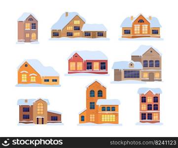 Cute houses in winter town set. Vector illustrations of Christmas buildings on street. Cartoon roof with snow, windows with lights on facades isolated on white. Neighborhood, home apartment concept. Cute houses in winter town set