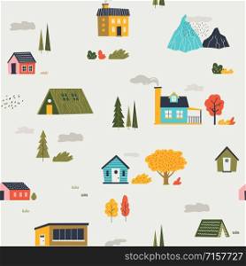 Cute houses pattern. Funny cartoon kids seamless texture with tiny houses trees and mountain. Vector trendy flat print city or village template with clouds, drawing texture for design wallpaper. Cute houses pattern. Funny cartoon kids seamless texture with tiny houses trees and mountain. Vector trendy flat print city or village template