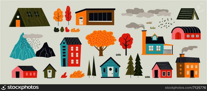 Cute houses. Trendy rural hand drawn landscape with buildings trees mountains and clouds. Vector paper cut flat design countryside with isolated elements architecture and nature icons. Cute houses. Trendy rural hand drawn landscape with buildings trees mountains and clouds. Vector paper cut flat design