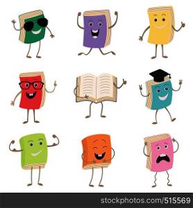 Cute Humanized Books Characters Representing Different Types Of Literature, Kids And School. Set of funny book characters, mascots, cartoon