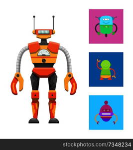 Cute humanoid robot, colorful vector illustration isolated on bright backdrop, cyborg with two antennas on head, claws hands, droids icons collection. Cute Humanoid Robot, Colorful Vector Illustration