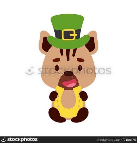 Cute hyena St. Patrick&rsquo;s Day leprechaun hat holds horseshoe. Irish holiday folklore theme. Cartoon design for cards, decor, shirt, invitation. Vector stock illustration.