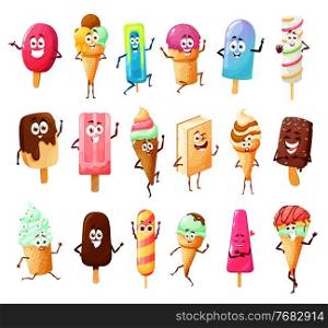 Cute ice cream cartoon characters of vector summer dessert food. Icecream cones with vanilla scoops, chocolate ice cream sticks and sandwich, gelato, sundae, sorbet and popsicle with happy emotions. Cute ice cream cartoon characters, summer dessert