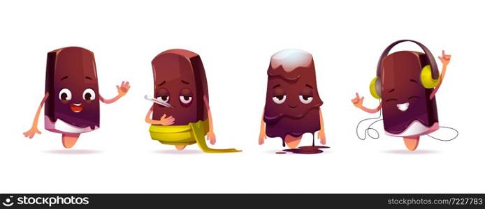 Cute ice cream character in different poses. Vector set of cartoon chat bot, funny chocolate popsicle waves hand, feels ill, melts and listen music in headphones. Cute ice cream character in different poses