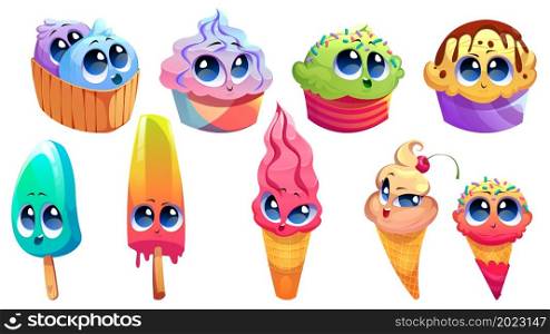 Cute ice cream characters with funny faces isolated on white background. Vector cartoon set of different desserts, gelato, ice cream in waffle cone and popsicle on wooden stick. Cute ice cream characters with funny faces