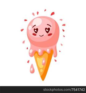 Cute ice cream in love. Valentine Day greeting card. Illustration of kawaii character with eyes hearts.. Cute ice cream in love. Valentine Day greeting card.
