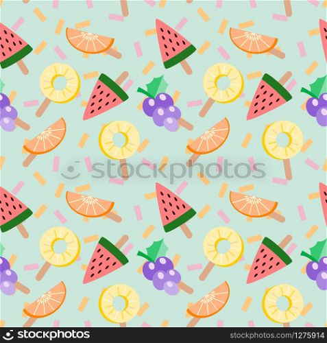 Cute ice-cream tropical fruits vector illustration. Summer fruits including, watermelon, lemon and grape on pastel green background. Summer and freshness concept. Tropical fruits seamless pattern.