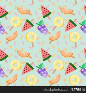 Cute ice-cream tropical fruits vector illustration. Summer fruits including, watermelon, lemon and grape on pastel green background. Summer and freshness concept. Tropical fruits seamless pattern.