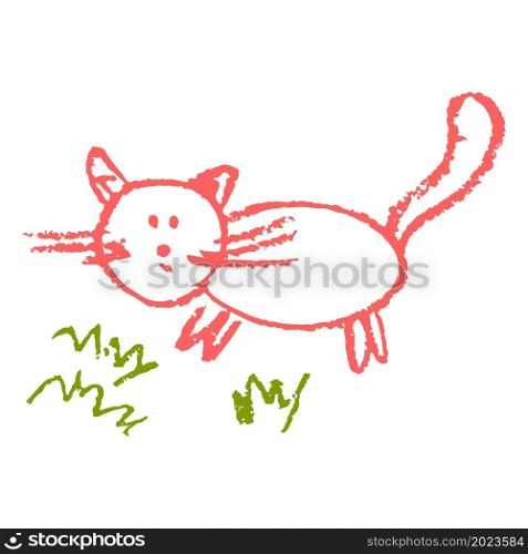 Cute icon in hand draw style. Cat. Drawing with wax crayons, children&rsquo;s creativity. Vector illustration. Sign, symbol, pin, sticker. Icon in hand draw style. Drawing with wax crayons, children&rsquo;s creativity