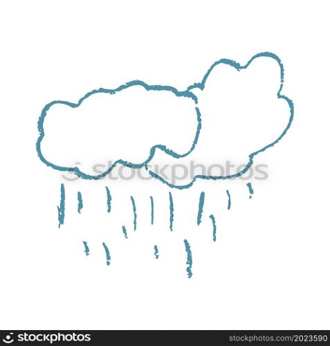 Cute icon in hand draw style. Cloud, rain. Drawing with wax crayons, children&rsquo;s creativity. Vector illustration. Sign, symbol, pin, sticker. Icon in hand draw style. Drawing with wax crayons, children&rsquo;s creativity