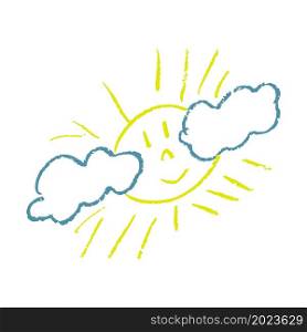 Cute icon in hand draw style. Sun and clouds. Drawing with wax crayons, children&rsquo;s creativity. Vector illustration. Sign, symbol, pin, sticker. Icon in hand draw style. Drawing with wax crayons, children&rsquo;s creativity