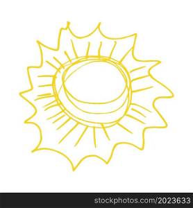 Cute icon in hand draw style. Sun. Doodle drawing, children&rsquo;s creativity. Vector illustration. Sign, symbol, pin. Icon in hand draw style. Children&rsquo;s creativity