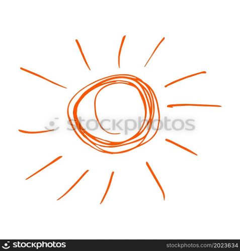 Cute icon in hand draw style. Sun. Doodle drawing, children&rsquo;s creativity. Vector illustration. Sign, symbol. Icon in hand draw style. Children&rsquo;s creativity