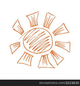 Cute icon in hand draw style. Sun. Doodle drawing, children&rsquo;s creativity. Vector illustration. Sign. Icon in hand draw style. Children&rsquo;s creativity