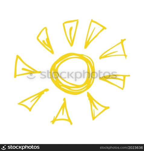 Cute icon in hand draw style. Sun. Doodle drawing, children&rsquo;s creativity. Vector illustration. Icon in hand draw style. Children&rsquo;s creativity