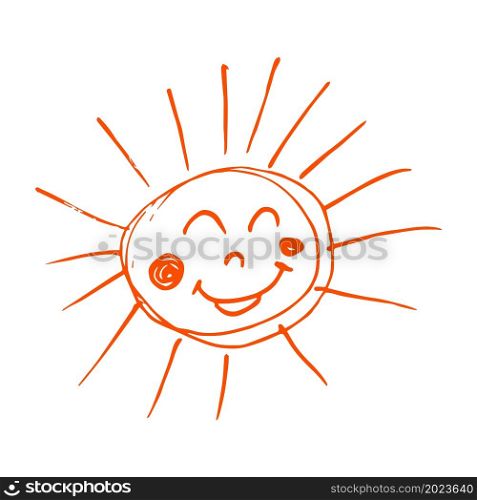 Cute icon in hand draw style. Sun. Drawing with wax crayons, children&rsquo;s creativity. Vector illustration. Sign, symbol. Icon in hand draw style. Children&rsquo;s creativity