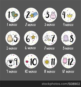 Cute icon or button with doodle animal and sign,12 month newborn baby template,vector illustration. Cute icon or button with doodle animal and sign,