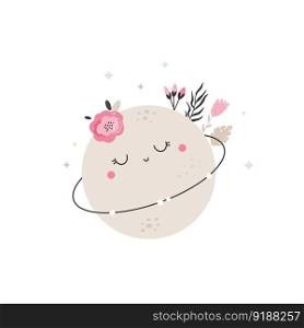 Cute illustration with adorable moon and blooming flowers. Composition for prints, nursery designs, kids apparel. Cute illustration with adorable moon and blooming flowers. Composition for prints, nursery designs, kids apparel.