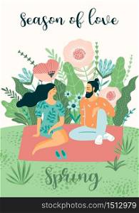 Cute illustration with people and spring nature. Vectir design for poster, card, invitation, placard, brochure, flyer and other. Cute illustration with people and spring nature.