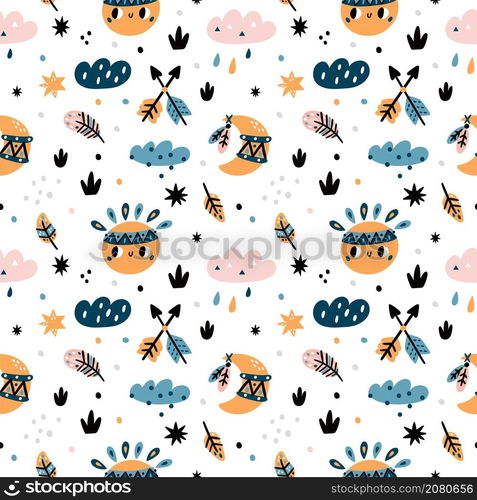 Cute indian elements seamless pattern. Funny baby objects in scandinavian style, kids motifs, cartoon characters, sun and moon, arrows and feathers, weather background. Decor textile, vector print. Cute indian elements seamless pattern. Funny baby objects in scandinavian style, kids motifs, cartoon characters, sun and moon, arrows and feathers, weather background. Vector print