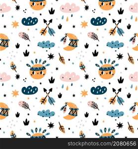 Cute indian elements seamless pattern. Funny baby objects in scandinavian style, kids motifs, cartoon characters, sun and moon, arrows and feathers, weather background. Decor textile, vector print. Cute indian elements seamless pattern. Funny baby objects in scandinavian style, kids motifs, cartoon characters, sun and moon, arrows and feathers, weather background. Vector print