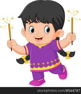 cute Indian girl holding firework character design for Diwali festival of illustration