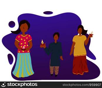 Cute indian kids celebrating Diwali. Flat cartoon style. Vector illustration.. Cute indian kids celebrating Diwali