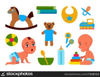 Cute infants with toys color vector illustration with two cheerful babies dressed in diapers, teddy and horse, train ball and books, white background. Cute Infants with Toys Color Vector Illustration