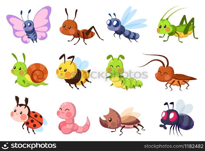 Cute insects. Bugs creatures bee and ladybug, worm, snail and butterfly, caterpillar. Mantis, dragonfly and fly funny cartoon vector wildlife set. Cute insects. Bugs creatures bee and ladybug, worm, snail and butterfly, caterpillar. Mantis, dragonfly and fly cartoon vector set