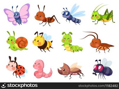 Cute insects. Bugs creatures bee and ladybug, worm, snail and butterfly, caterpillar. Mantis, dragonfly and fly funny cartoon vector wildlife set. Cute insects. Bugs creatures bee and ladybug, worm, snail and butterfly, caterpillar. Mantis, dragonfly and fly cartoon vector set
