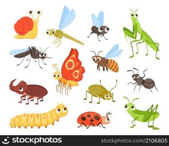 Cute insects. Cartoon bug and butterfly mascots. Flying ladybug and dragonfly. Colorful beetles and snail with happy faces. Funny caterpillar or mosquito characters. Vector isolated small animals set. Cute insects. Cartoon bug and butterfly mascots. Ladybug and dragonfly. Colorful beetles and snail with happy faces. Funny caterpillar or mosquito characters. Vector small animals set