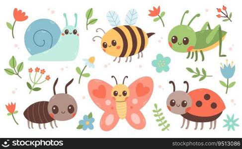 Cute insects cartoon flat set. Butterfly, ant, ladybug, bee, snail, grasshopper. Vector illustration isolated on white background